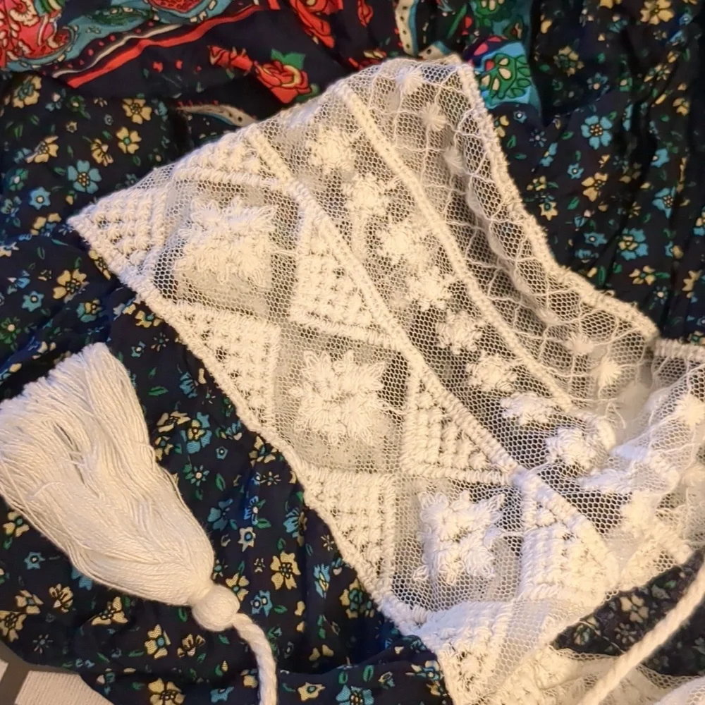 Cupshe Kimono blue w/ lace And White tassels Long length Women's Size Large